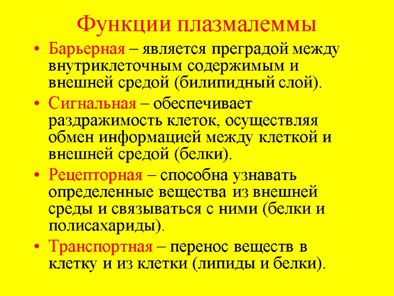 Функции плазмалеммы Барьерная – является преградой между внутриклеточным содержимым и внешней средой (билипидный слой).